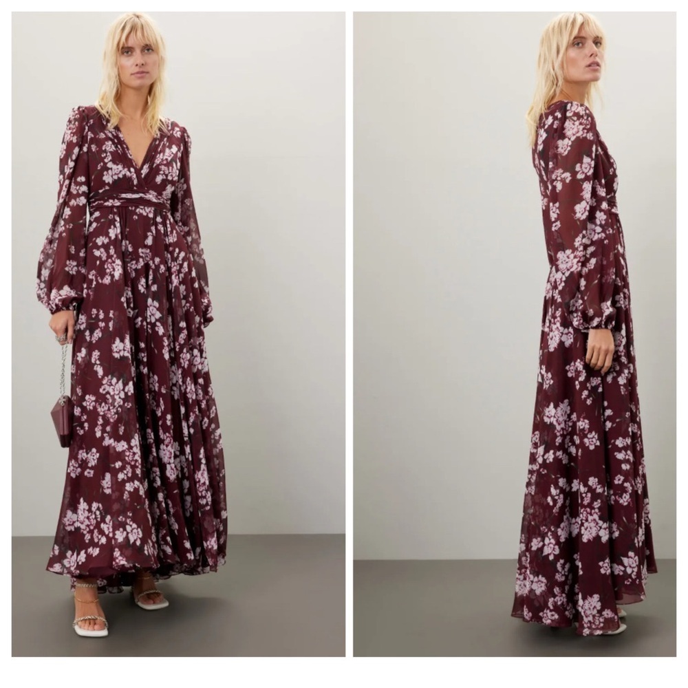 MacDuggal Floral Chiffon Formal Maxi Gown Dress 2 XS Dark Red Long Sleeve - Picture 2 of 9